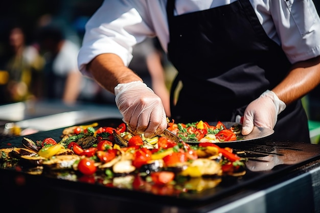 шипение гриля опытный повар превращает свежие овощи во вкусное и полезное блюдо