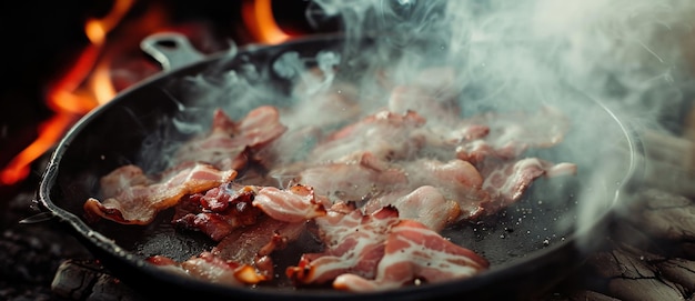 Sizzling bacon on a castiron skillet over an open flame the smoke and aroma telling tales of rustic outdoor cooking