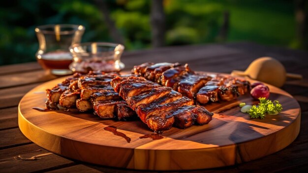 Sizzling BBQ Ribs with Tangy Sauce on Wooden Platter