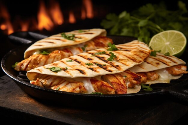 Sizzling chicken quesadillas on grill