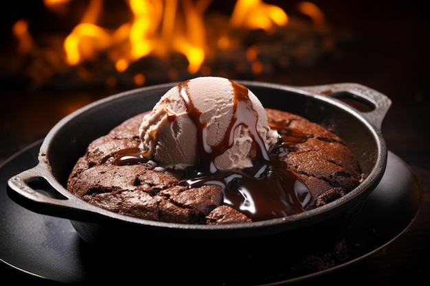 Sizzling chocoladebrownie is een zoet gerecht gemaakt met een schaal ijs