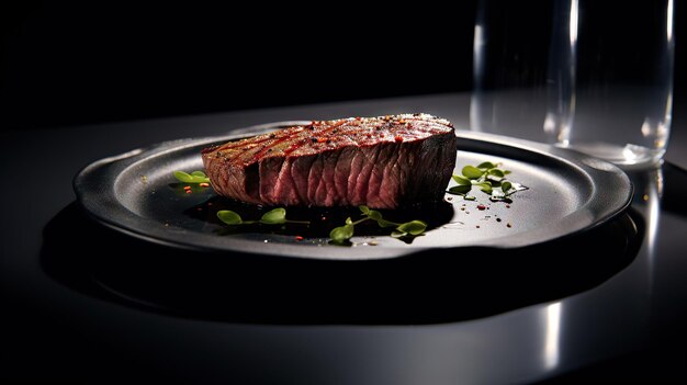 Sizzling culinaire genot sappige rundvleessteak op minimale plaat achtergrond