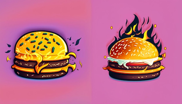 Sizzling Delight Free Vector Burger Cheese with Fire Cartoon Icon Illustration Tempting Food Object