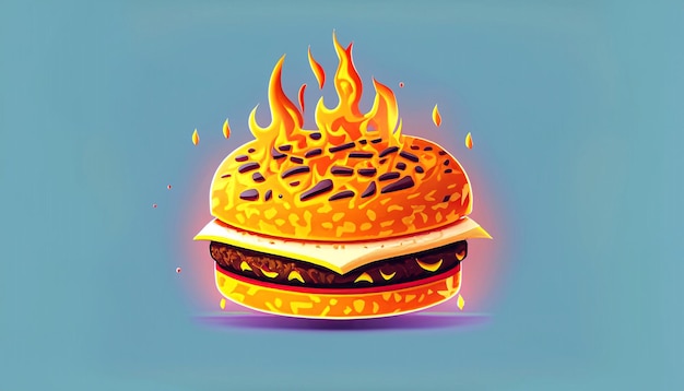 Sizzling Delight Free Vector Burger Cheese with Fire Cartoon Icon Illustration Tempting Food Object