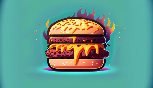 Фото Испепеляющий восторг бесплатный векторный бургер с сыром и огненной мультяшной иконой иллюстрация заманчивый пищевой объект