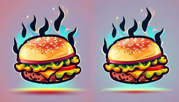 Испепеляющий восторг Бесплатный векторный бургер с сыром и огненной мультяшной иконой Иллюстрация Заманчивый пищевой объект