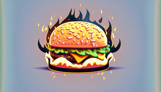 Sizzling Delight Free Vector Burger Cheese with Fire Cartoon Icon Illustration Tempting Food Object