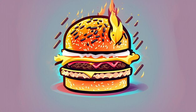 Sizzling Delight Gratis Vector Hamburger Kaas met Vuur Cartoon Pictogram Illustratie Verleidelijk Voedsel Object