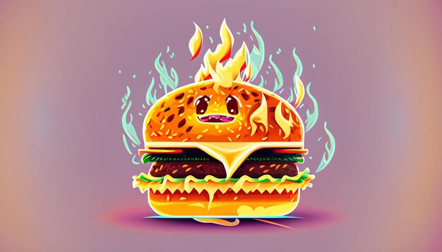 Sizzling Delight Gratis Vector Hamburger Kaas met Vuur Cartoon Pictogram Illustratie Verleidelijk Voedsel Object