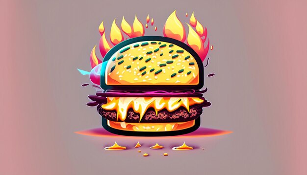 Sizzling Delight Gratis Vector Hamburger Kaas met Vuur Cartoon Pictogram Illustratie Verleidelijk Voedsel Object