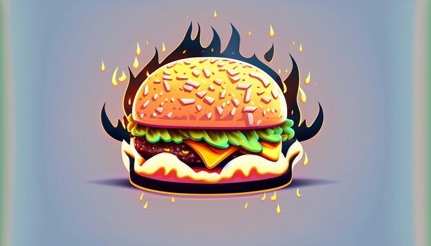 Sizzling Delight Gratis Vector Hamburger Kaas met Vuur Cartoon Pictogram Illustratie Verleidelijk Voedsel Object