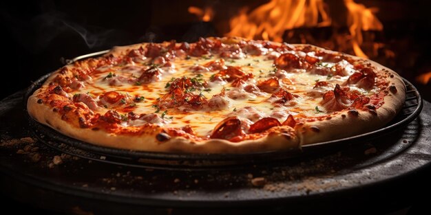 Foto i bordi frizzanti di una pizza dorata contrastano con i toni di terra scura del forno.