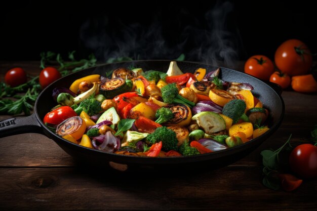 Photo sizzling garden bounty captivating vegetables on a frying pan ar 32