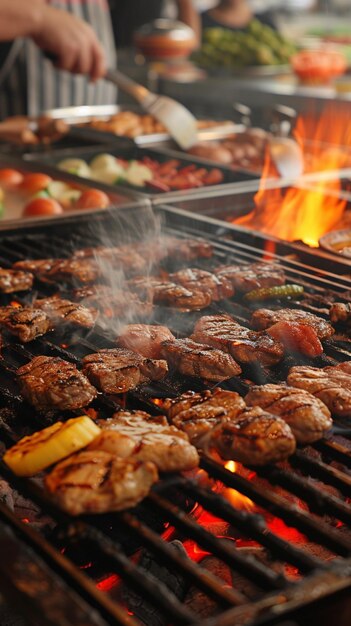 Sizzling grill Beef and chicken steaks engulfed in fiery flames Vertical Mobile Wallpaper