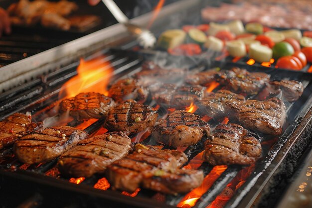 Sizzling grill Beef and chicken steaks engulfed in fiery flames