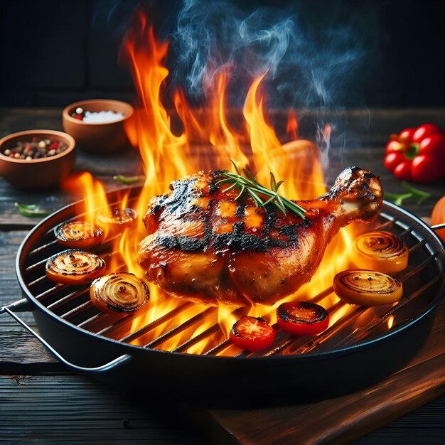 뜨거운 그릴 요리 여름 BBQ 축하를 위해 불타는 불꽃으로 맛있는 고기