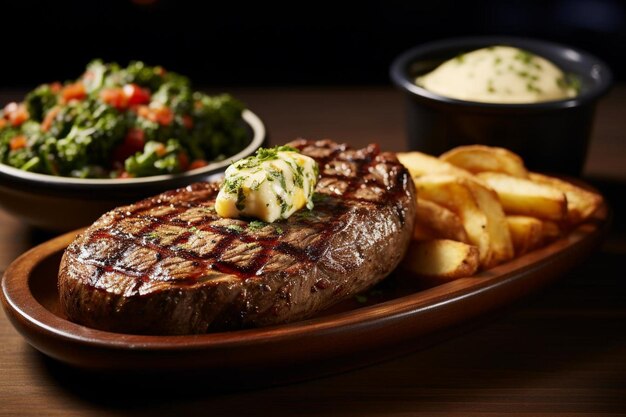 Foto sizzling grilled chuck petite steak en gebakken aardappel pleasure