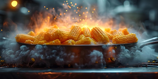 Sizzling grilled corn on the cob over charcoal fire fresh delicious and rustic outdoor cooking closeup culinary delights in natural setting AI