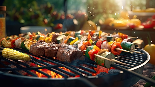 Sizzling Grilled Meats and Vegetables in Sunlit Garden Generative AI