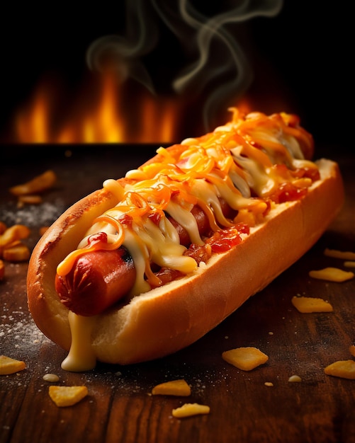 sizzling hot dog with melted cheese on a wooden table irresistible delight AI generated