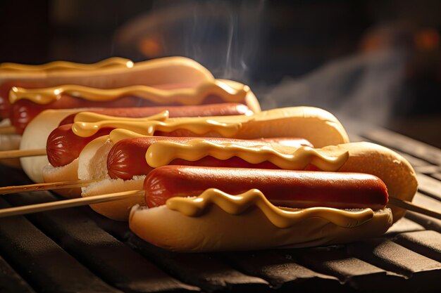 Sizzling hot dogs on wooden stick ready for grilling