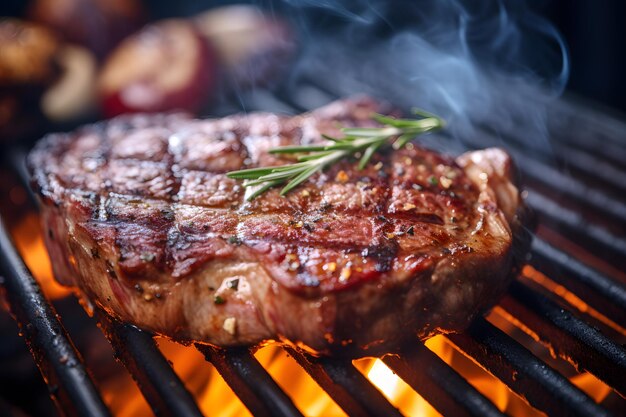 불꽃과 로즈마리 BBQ 파티와 함께 그릴에  ⁇ 는 맛있는  ⁇ 고기 스테이크