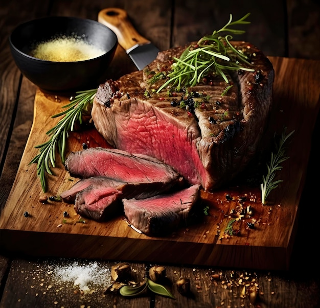 Sizzling Medium Rare Steak with Spices on Wooden Board