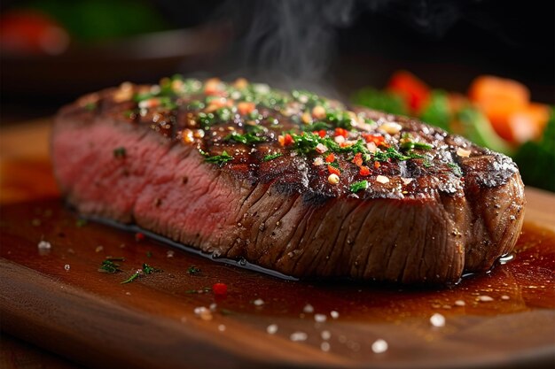 Photo sizzling perfection a succulent steak rests on a wooden board