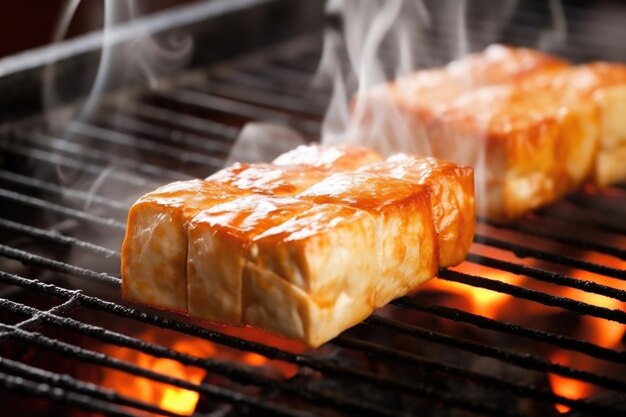 Sizzling piece of tofu on a smoking grill