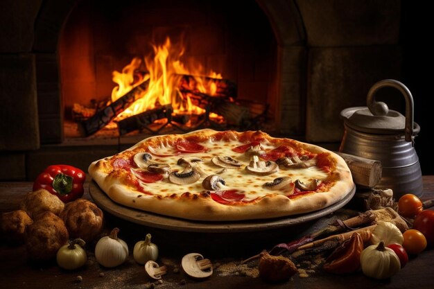 Sizzling pizza in bakstenen oven