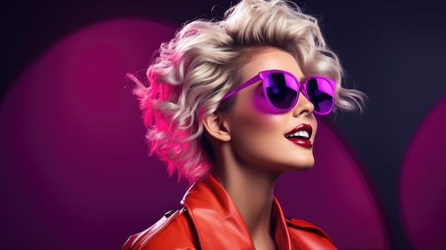 Sizzling in s chic blode woman rocks a leather jacket and pink shades a dazzling vision of retro