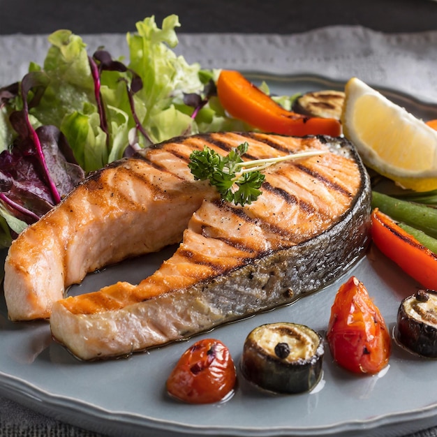 Sizzling Salmon Delight Hot Grilled Steak Accompanied by Vibrant Veggies