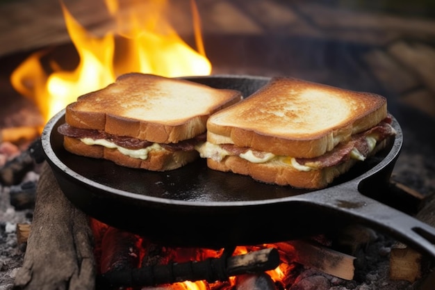 Sizzling sandwich op grill verpletterd door gietijzeren pers