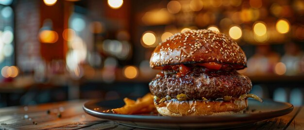 Sizzling Satisfaction Juicy Steak Burger Served on a Plate atop a Wooden Table Tempting the Taste Buds with Its Irresistible Aroma and Flavor