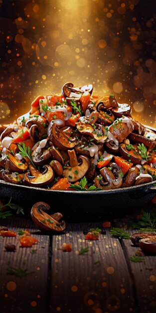 A sizzling skillet of sauteed mushrooms generated by AI