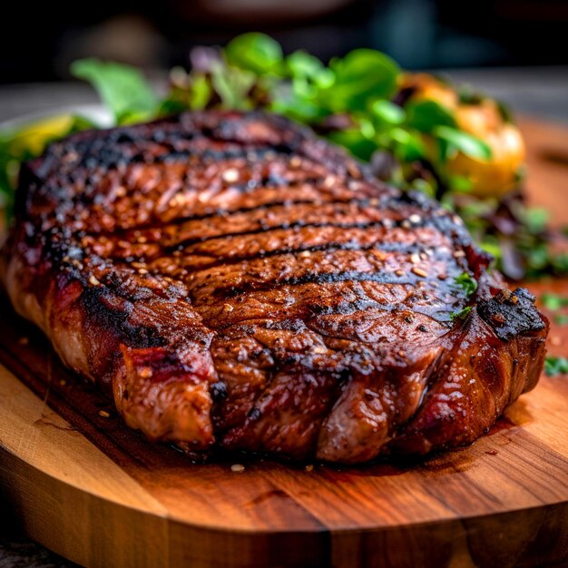 A sizzling smoked steak with a bone perfectly cooked on a wooden plate