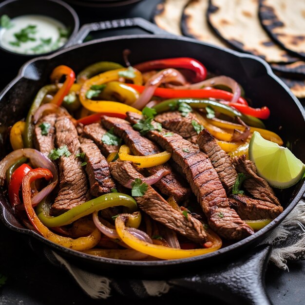 Фото fajitas с жарким стейком с ярким перцем и желтым луком