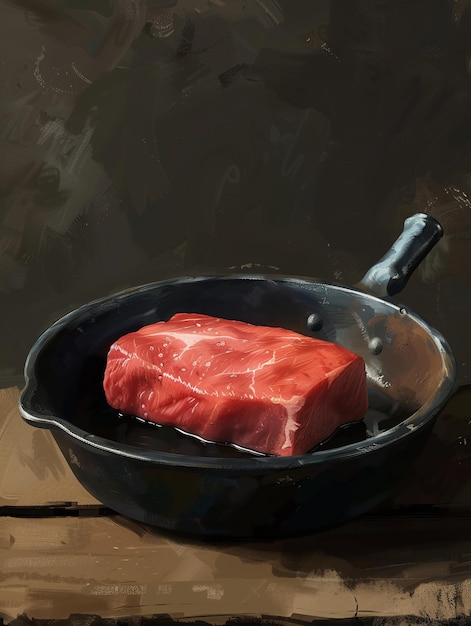 Photo a sizzling steak in a frying pan