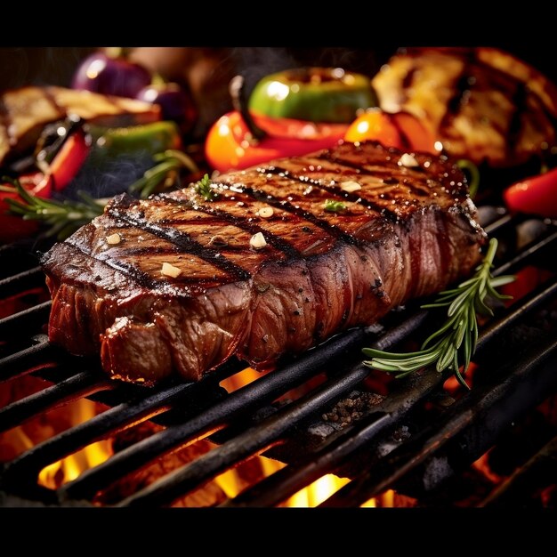 Photo sizzling steak on a grill