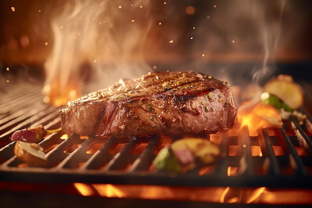 Sizzling steaks of meat grilling on a barbecue with flames featuring