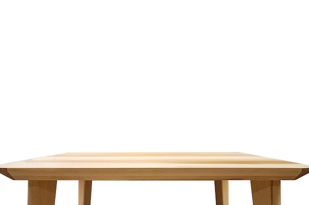 Sjabloon met een lege en houten tafel geïsoleerd op een witte achtergrond met kopie ruimte