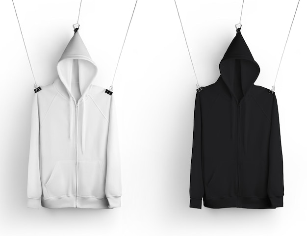 Sjabloon van stijlvolle witte zwarte kleding die aan een touw-hoodie hangt met ritssluiting op de zak