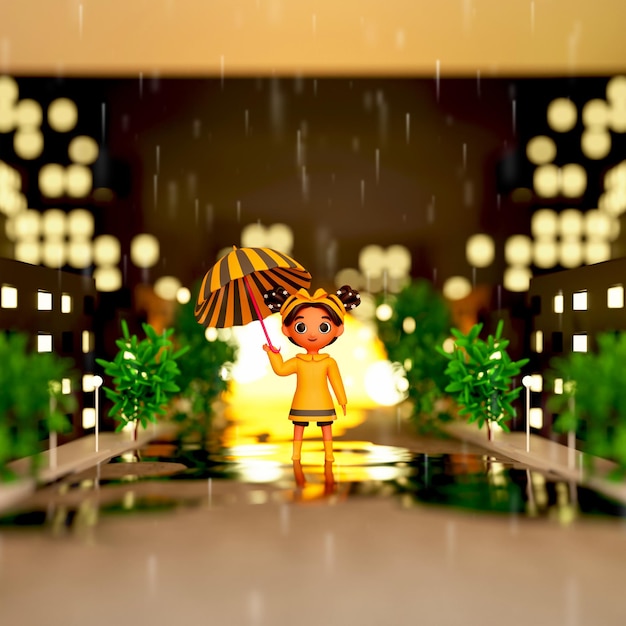 Sjabloon voor sociale media of postontwerp met 3D-meisje met parapluboom en wazig lichteffect op regenachtergrond