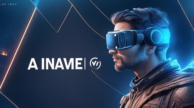 Sjabloon voor spandoek met geavanceerde technologie met man met VR-achtergrond