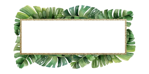 Sjabloon voor tropische bladeren horizontale spandoek met gouden frame Waterverf palmboom rechthoekig ontwerp