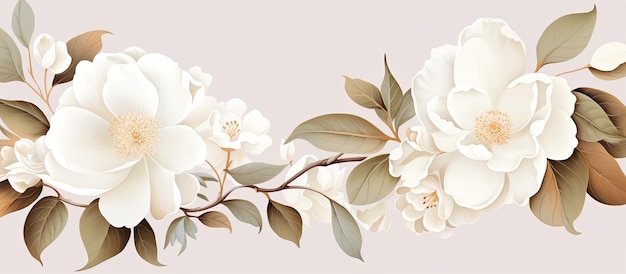 Sjabloonontwerp voor een bruiloftsuitnodiging met witte semi-dubbele camellia bloemen en bladeren