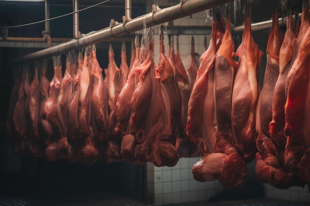 Skarkassen van varkens die aan haakjes hangen in een vleesverwerkingsfabriek Generatieve AI