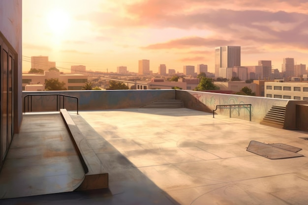 A skate park with a city in the background