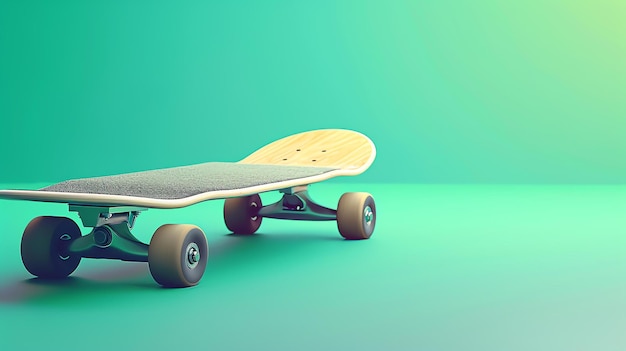 A skateboard is placed on a green mint background The skateboard is made of wood and has black wheels