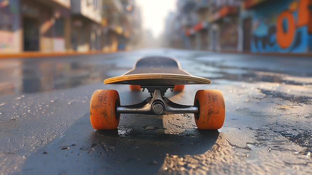 Photo a skateboard sits on a wet city street the orange wheels of the skateboard are in focus while the rest of the skateboard and the street are blurred